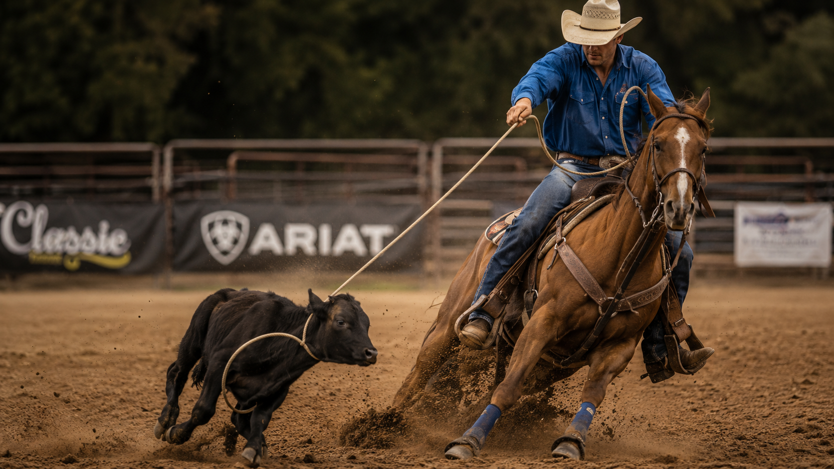 Cowboy roping a calf in a dusty arena